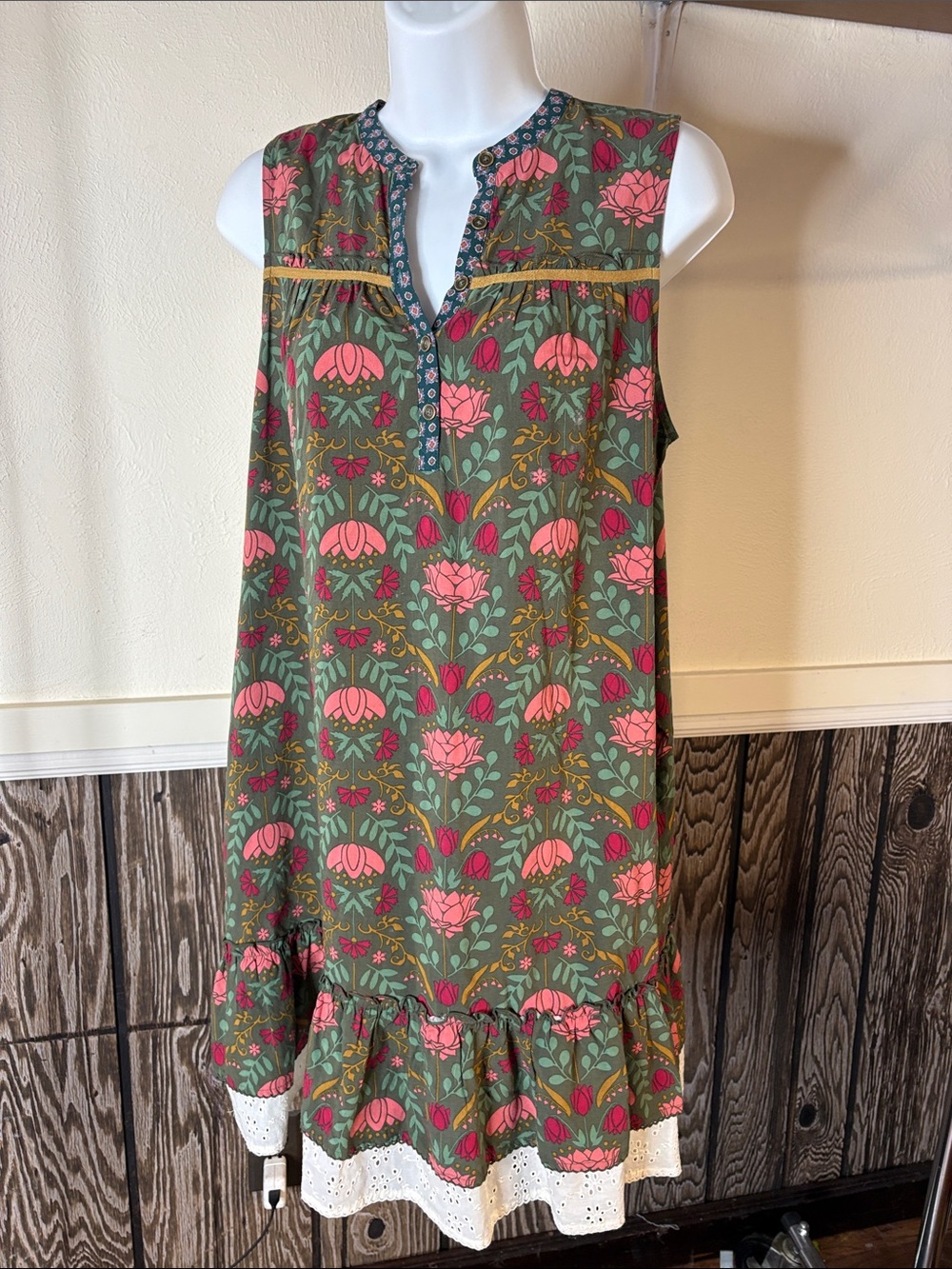Matilda Jane Olive Floral Sleeveless Mini Dress with Pink Blooms